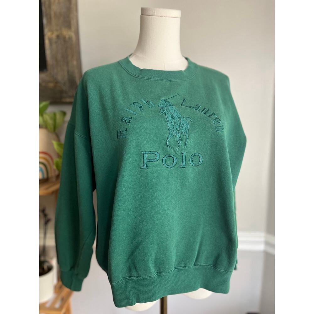 Vintage 90s Polo Ralph Lauren Sweatshirt Green Logo Women's Size Large